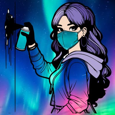 realistic girl with mask spray painting a wall