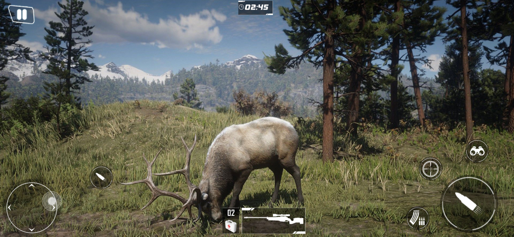 Deer Hunter Hunting Simulator - A deer grazing in a grassy mountain field within the Deer Hunter Hunting Simulator mobile game