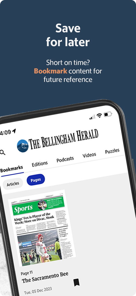 The Bellingham Herald News - Smartphone screen showing the bookmark feature in The Bellingham Herald News app to save articles for later reading