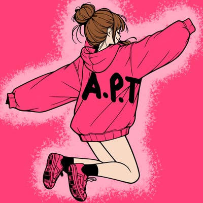 realistic girl jumping with a bun and oversized sweatshirt