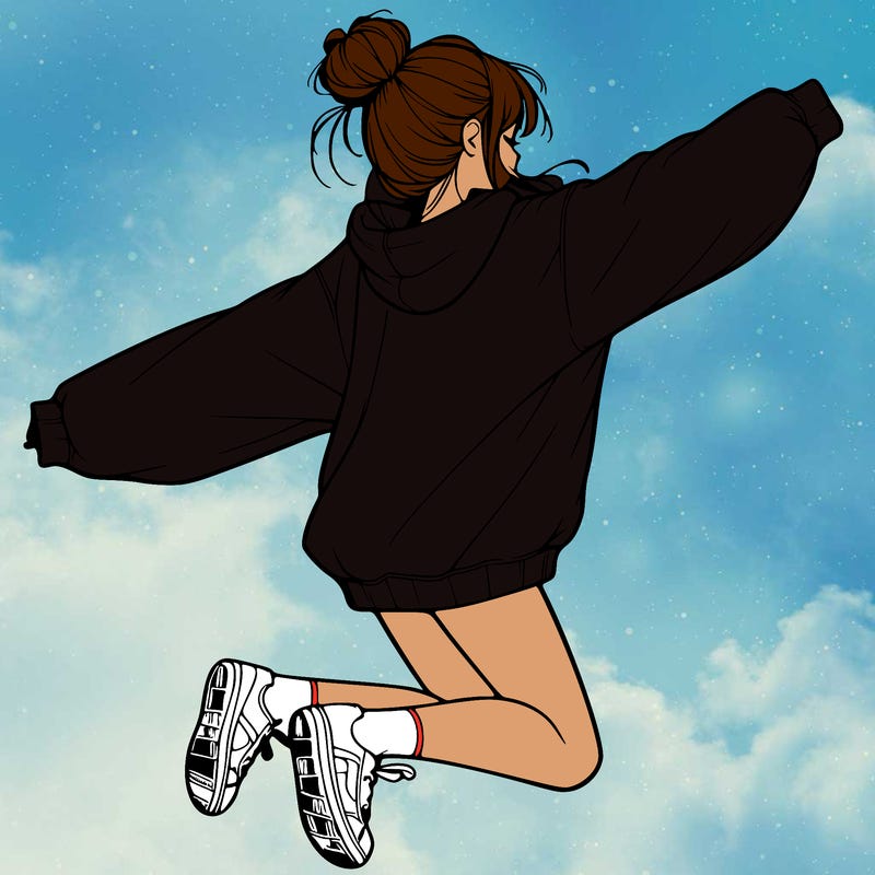 realistic girl jumping with a bun and oversized sweatshirt