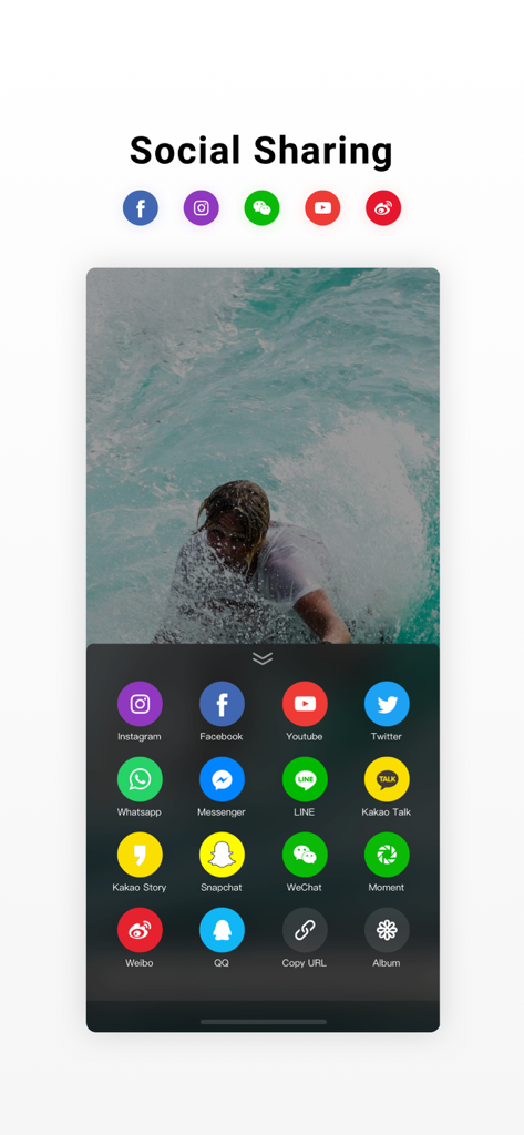 Insta360 ONE X - Interface of the Insta360 ONE X app displaying social sharing options and platforms.