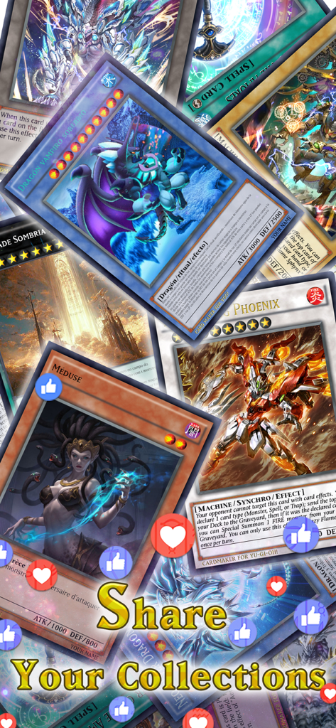 Eine Collage aus benutzerdefinierten Yu-Gi-Oh-Karten mit Social-Media-Symbolen und dem Text Teile deine Sammlungen