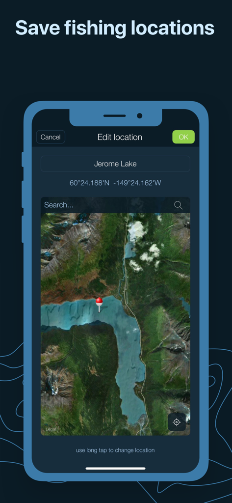 Screenshot of the Fishing Calendar app showing a satellite map view to save a fishing location with coordinates for Jerome Lake.