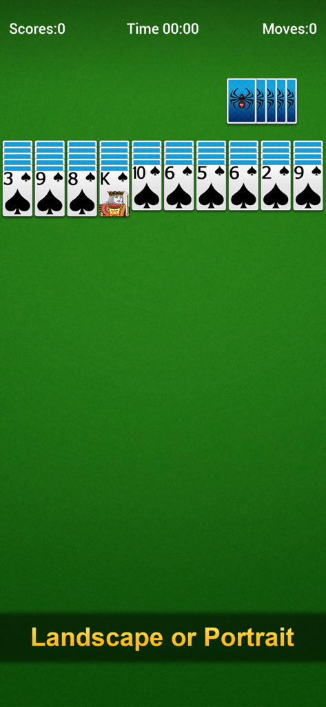 Spider Turbo - Solitaire Card - A portrait mode gameplay screen of Spider Turbo Solitaire with cards on a green background and a text overlay saying Landscape or Portrait.