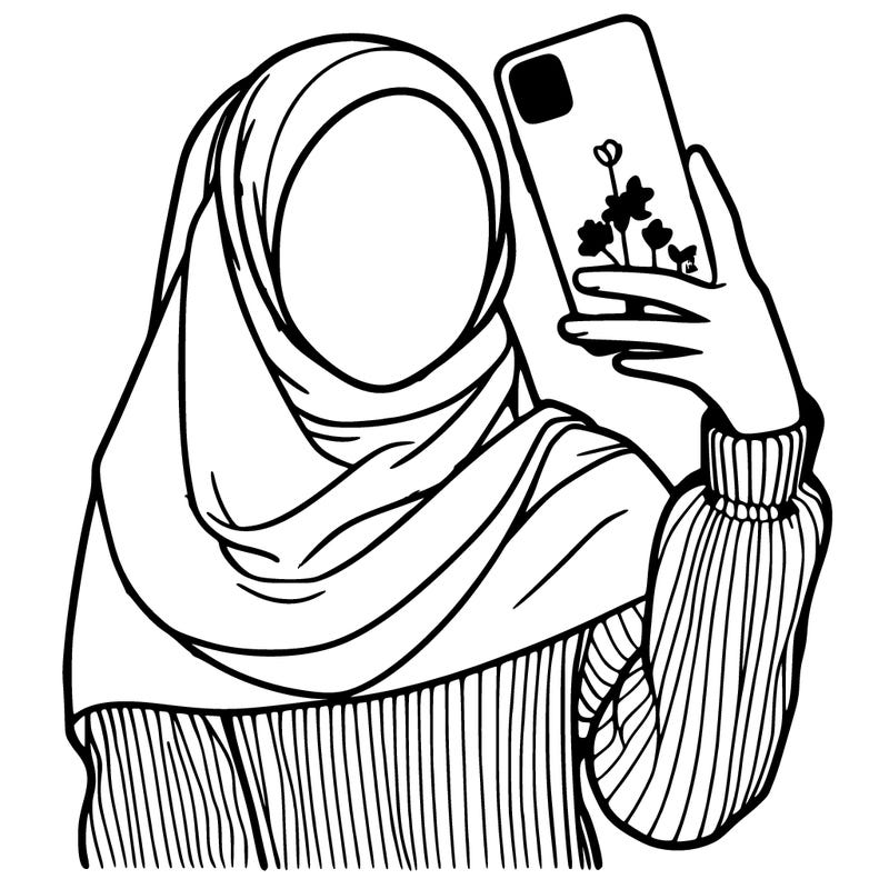 a hijab girl wearing a cream colored hijab that covers her hair and neck and a white sweater with a ribbed cuff on her right wrist she is holding a cell phone with a pink case that has two purple flowers on the back and her right index finger is extended to take a selfie.