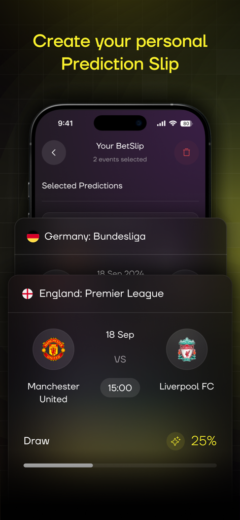 Interfaz móvil de Sports AI Pro mostrando un boleto de predicción personalizado con análisis de partidos y probabilidades de ganar.