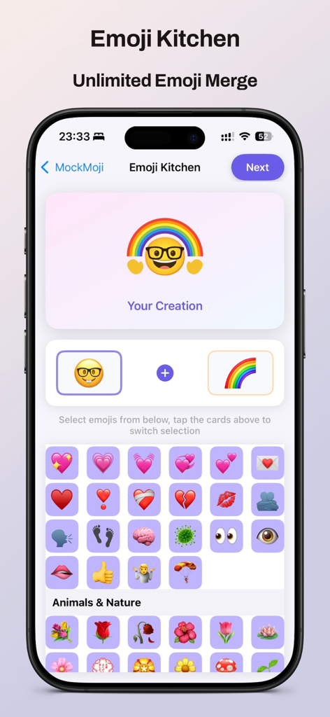 Oberfläche der MockMoji-App, die die Emoji-Küche zeigt, wie sie ein Nerd-Gesichts-Emoji mit einem Regenbogen zusammenführt.