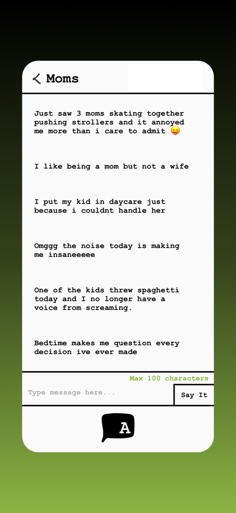 Air Out! - Mensagens anônimas de desabafo de mães na interface do aplicativo Air Out