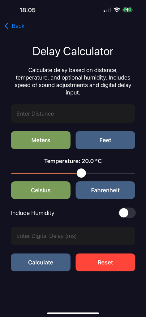 TECH ToolBox - Screenshot of the Delay Calculator screen in the TECH ToolBox app showing distance and temperature input fields for audio technicians