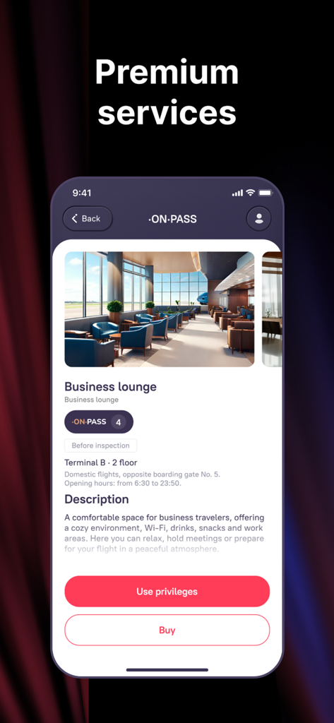Pantalla de la aplicación móvil MILEONAIR que muestra las características de las salas VIP de negocios del aeropuerto y los botones de acceso