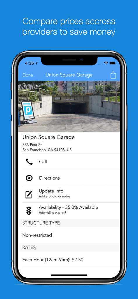 Screenshot of ParkMe Parking app showing availability and hourly rates for Union Square Garage in San Francisco