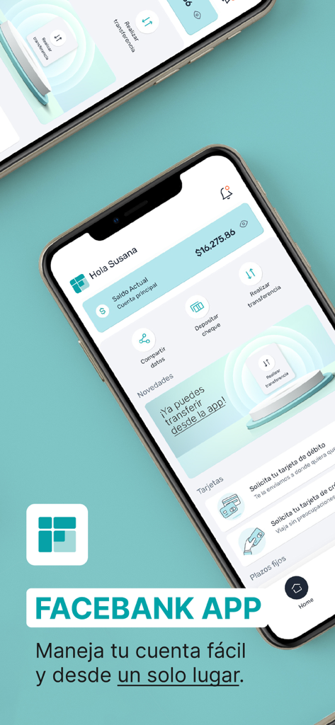 FACEBANK - FACEBANK mobile app home screen showing account balance and banking options