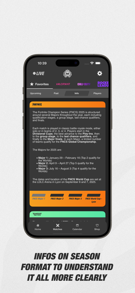 Gentle Mates - Screenshot of the Gentle Mates app showing detailed Fortnite competition format and season schedule information