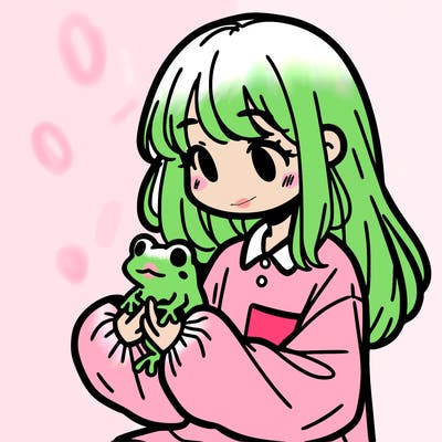 girl with long hair and a oversized shirt. and she is holding a frog