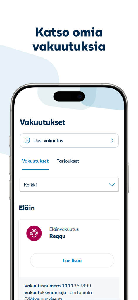 LähiTapiola - A mobile app screen for LahiTapiola showing an overview of insurance policies and specific pet insurance details.