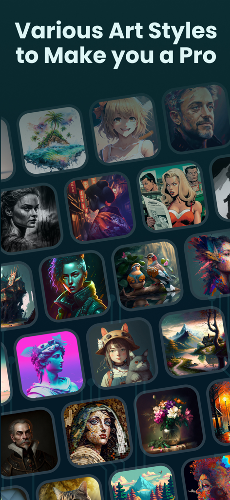 Uma colagem mostrando vários estilos de arte IA, incluindo retratos de personagens de anime e paisagens surreais