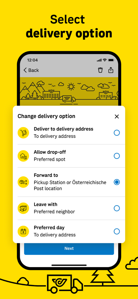 Mobile app screen showing a menu to change delivery options like forwarding to a pickup station or leaving with a neighbor
