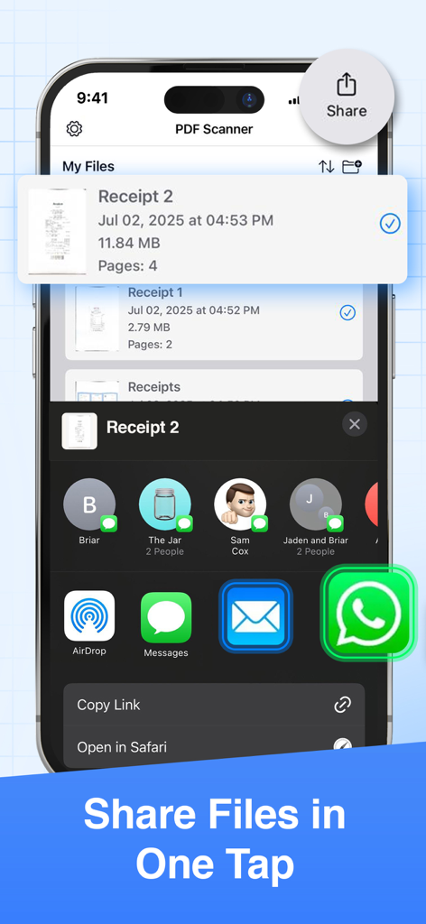 PDF Scanner Pro에서 탭 한 번으로 파일을 공유하는 방법을 보여주는 인터페이스