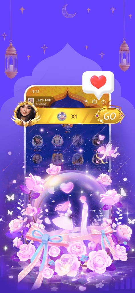 HiCat Chat - Uma sala de festa por voz romântica no aplicativo HiCat Chat com rosas cor-de-rosa e um casal em uma bola de cristal