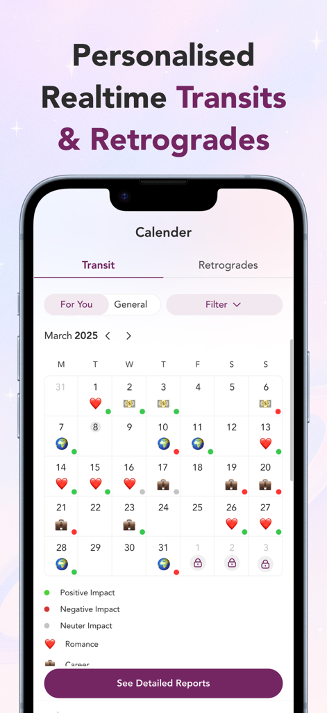 easyStars- AI Meets Astrology - A mobile app interface from easyStars showing a personalized astrology calendar for transits and retrogrades with daily impact ratings for romance and career