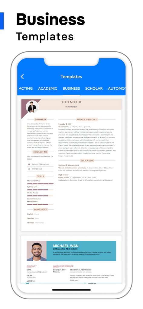 AI Resume Creator: CV Builder - モバイルアプリのインターフェースに、プロフェッショナルなビジネス履歴書テンプレートを表示しています。