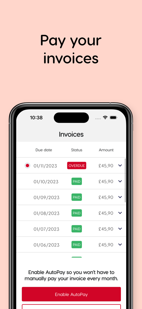 Shurgard mobile app screen showing a list of past and overdue invoices with an option to enable AutoPay