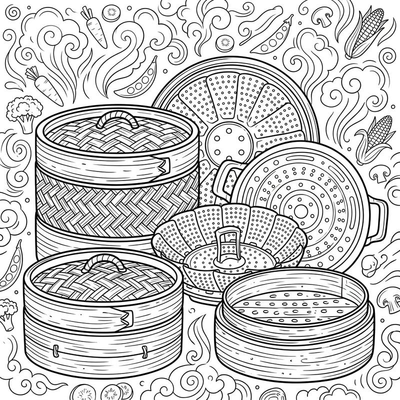 Dive into the world of healthy eating with this delightful coloring page featuring an array of steamer inserts and baskets. Surrounded by fresh vegetables and whimsical steam, it offers a unique and engaging coloring experience for food lovers.