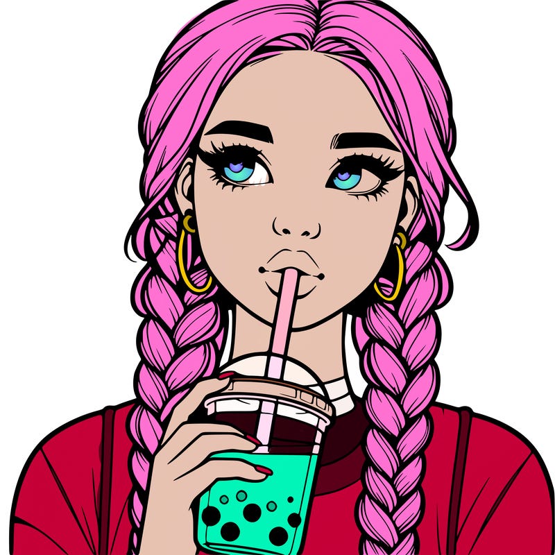 realistic girl with braided hair drinking boba