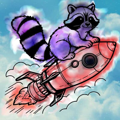 realistic raccoon flying on top rocket ship