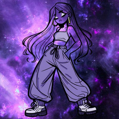 girl in baggy pants crop top and long hair