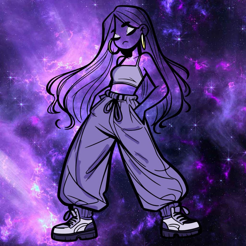 girl in baggy pants crop top and long hair