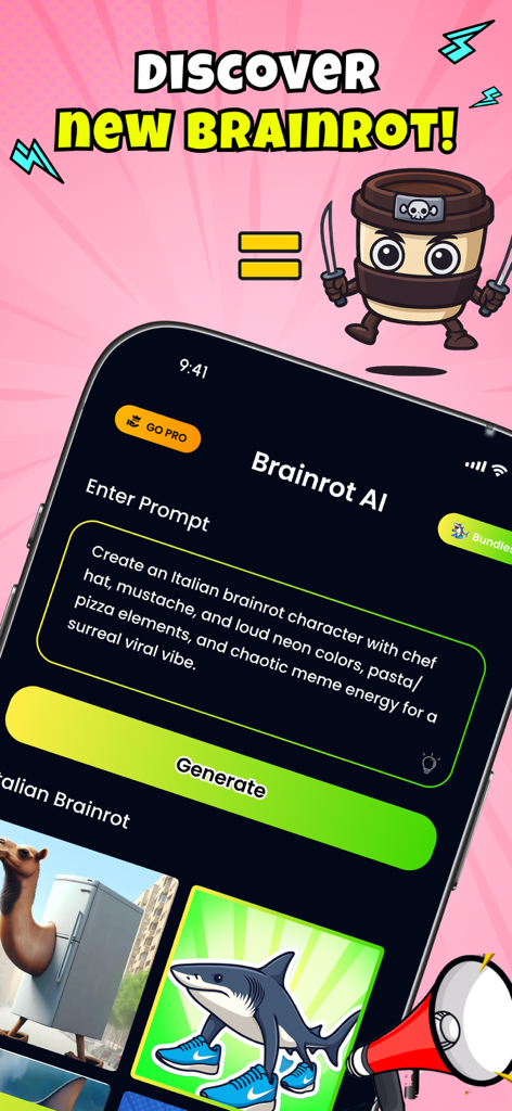 AI Italian Brainrot Creator - AI Italian Brainrot Creator app interface showing a prompt for a chaotic meme and a generated shark wearing blue sneakers