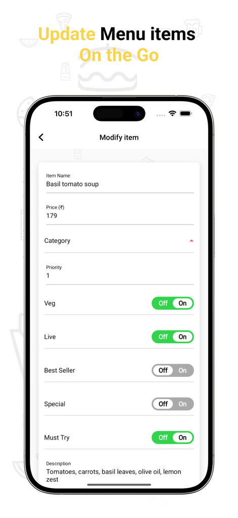 Interface de l'application Smart Menu montrant comment mettre à jour et modifier les articles du menu du restaurant sur un smartphone.