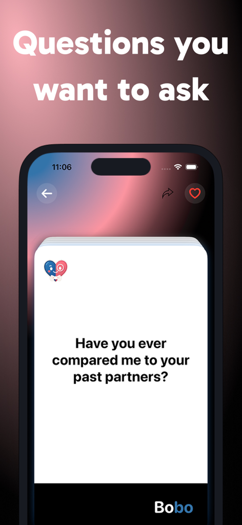 BoBo Cards: Deep Conversations - A deep conversation card from the BoBo Cards app asking Have you ever compared me to your past partners