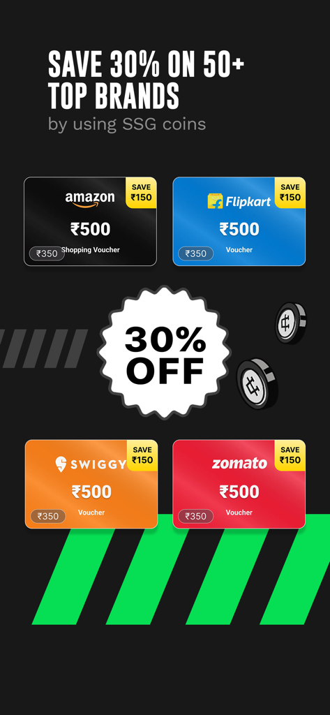 StepSetGo: Step Into Rewards - Screenshot of StepSetGo app showing 30 percent discounts on top brands like Amazon and Swiggy using SSG coins.