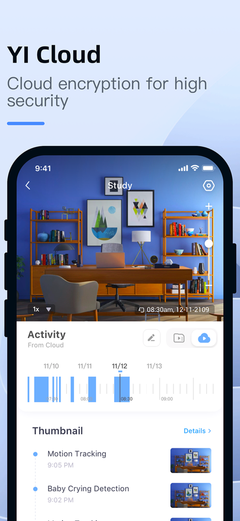 Pantalla de la aplicación YI Smart que muestra las funciones de seguridad de la nube YI con línea de tiempo de actividad y eventos de seguimiento de movimiento.