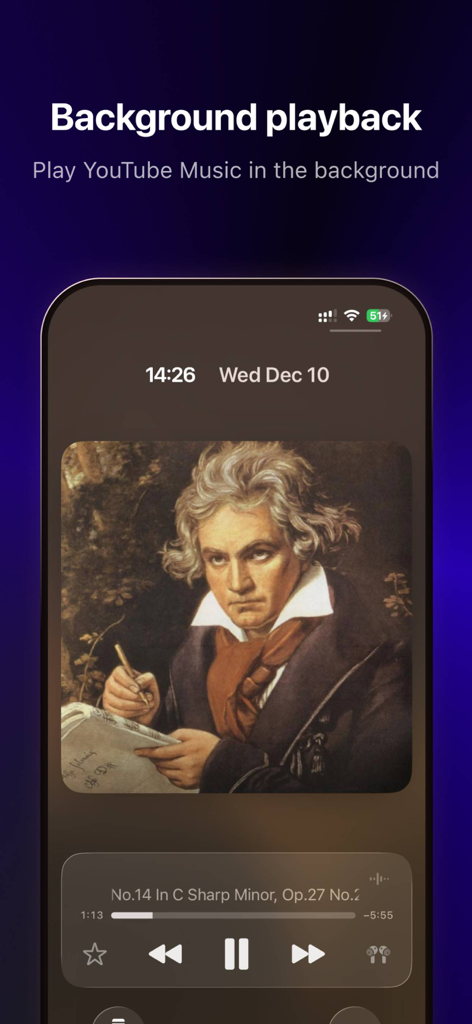 iPhone lock screen demonstrating background playback of YouTube music with Tube PiP app