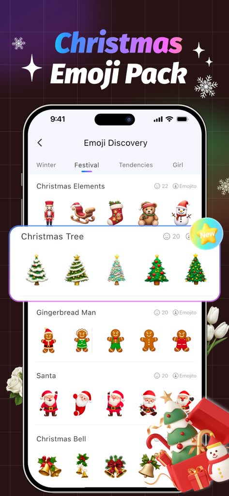 Christmas themed emoji and sticker collection including Santa, gingerbread men, and festive trees.