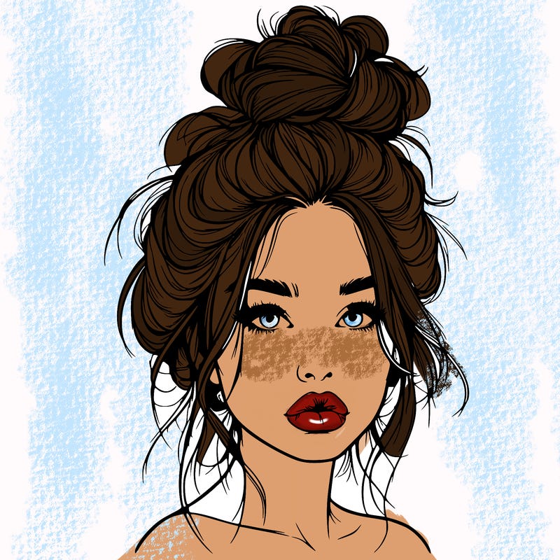 realistic girl with a messy bun and she has lips