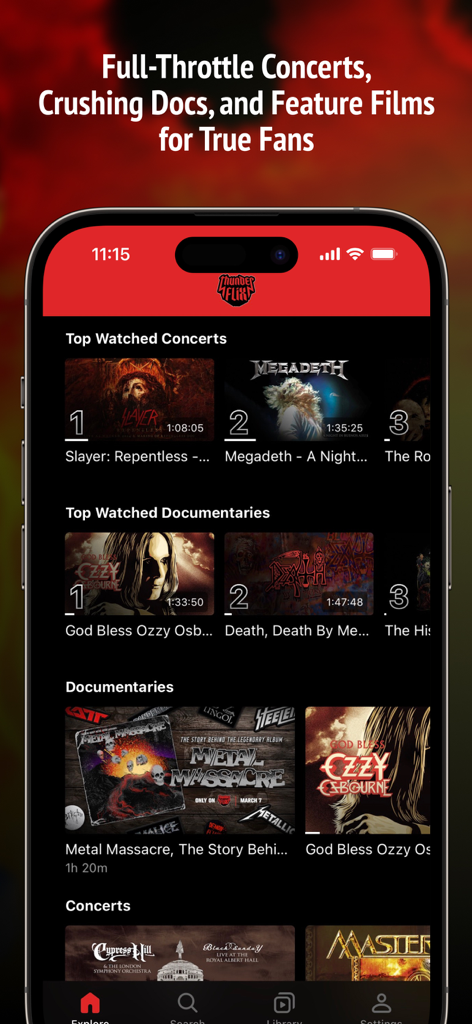 Thunderflixモバイルアプリのホーム画面。スレイヤー、メガデス、オジー・オズボーンが出演するヘヴィメタルコンサートやドキュメンタリーを表示しています。