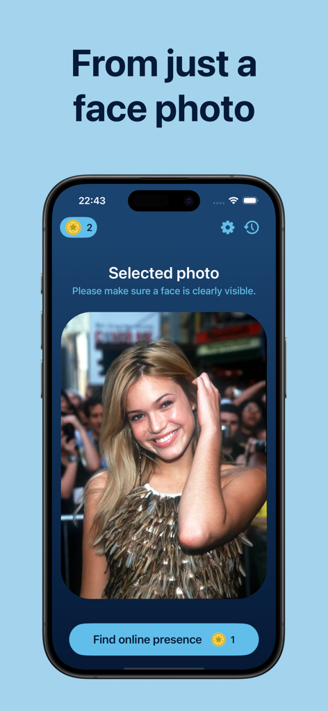 Facial Recognition - 写真でオンラインの存在を検索するための顔認識アプリ画面