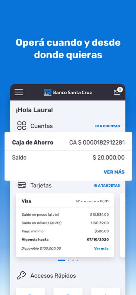 APP Banco Santa Cruz - Panel de la aplicación móvil de Banco Santa Cruz mostrando el saldo de la cuenta de ahorros y el resumen de la tarjeta de crédito en español