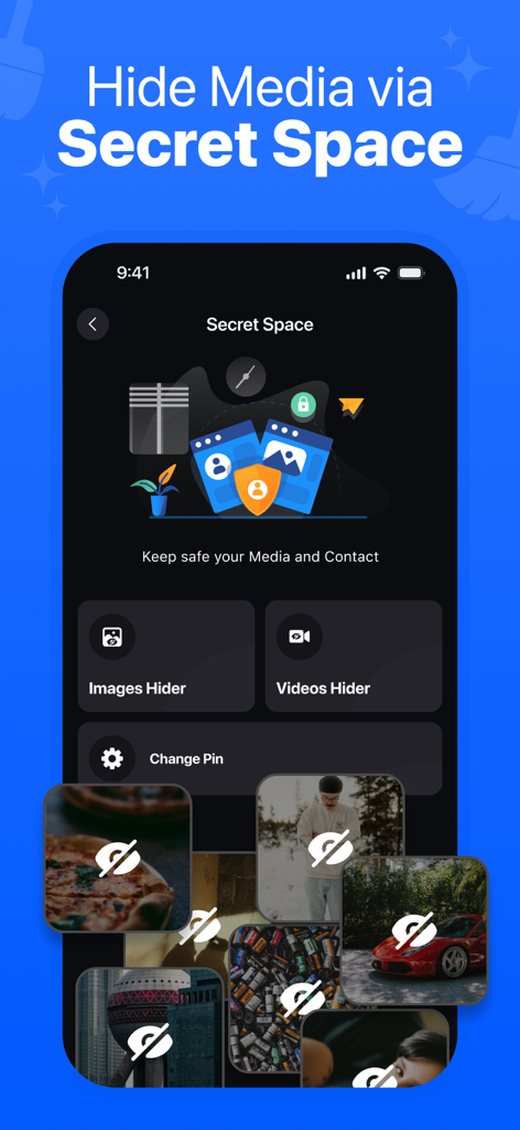 Interfaz de la función Espacio Secreto en la aplicación Cleaner for iPhone que permite a los usuarios ocultar imágenes y videos con un código PIN.