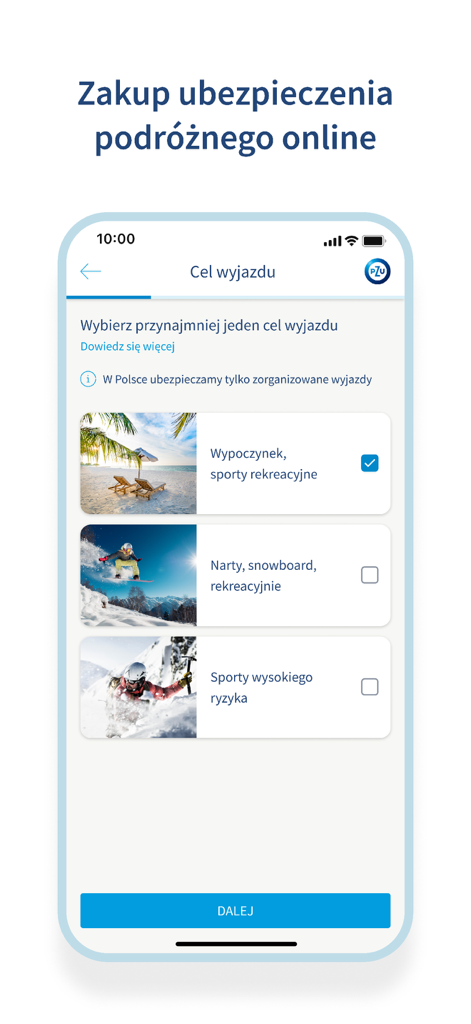Screenshot der mojePZU mobilen App, die die Auswahlmaske für Reiseversicherungszwecke, einschließlich Freizeit und Sport, zeigt.
