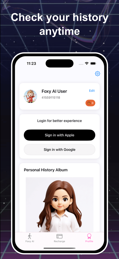 Foxy AI - Foxy AI app profile screen showing login options and a personal history album of generated 3D anime characters