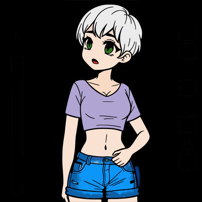 a girl with a pixie haircut and a tummy shirt and blue jean shorts