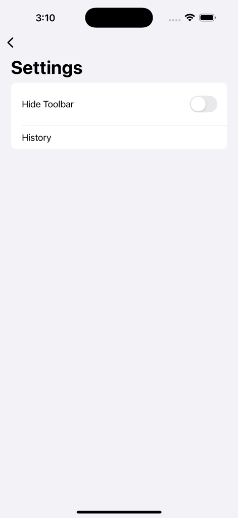 Virtual Whiteboard - O menu de configurações do aplicativo Quadro Branco Virtual com opções para ocultar a barra de ferramentas e visualizar o histórico.