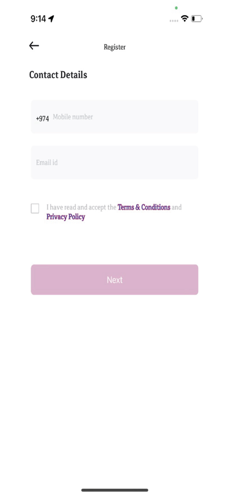QNB Pay Wallet - QNB Pay Wallet app registration screen showing fields for mobile number and email details