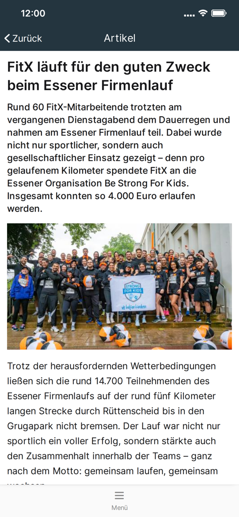 InsideX - News article in the InsideX app featuring FitX employees at a charity run event